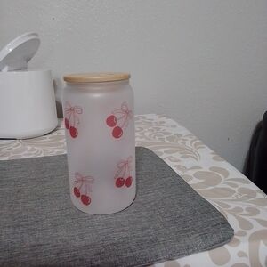 Cherry Design Frosted Glass Jar with Bamboo Lid